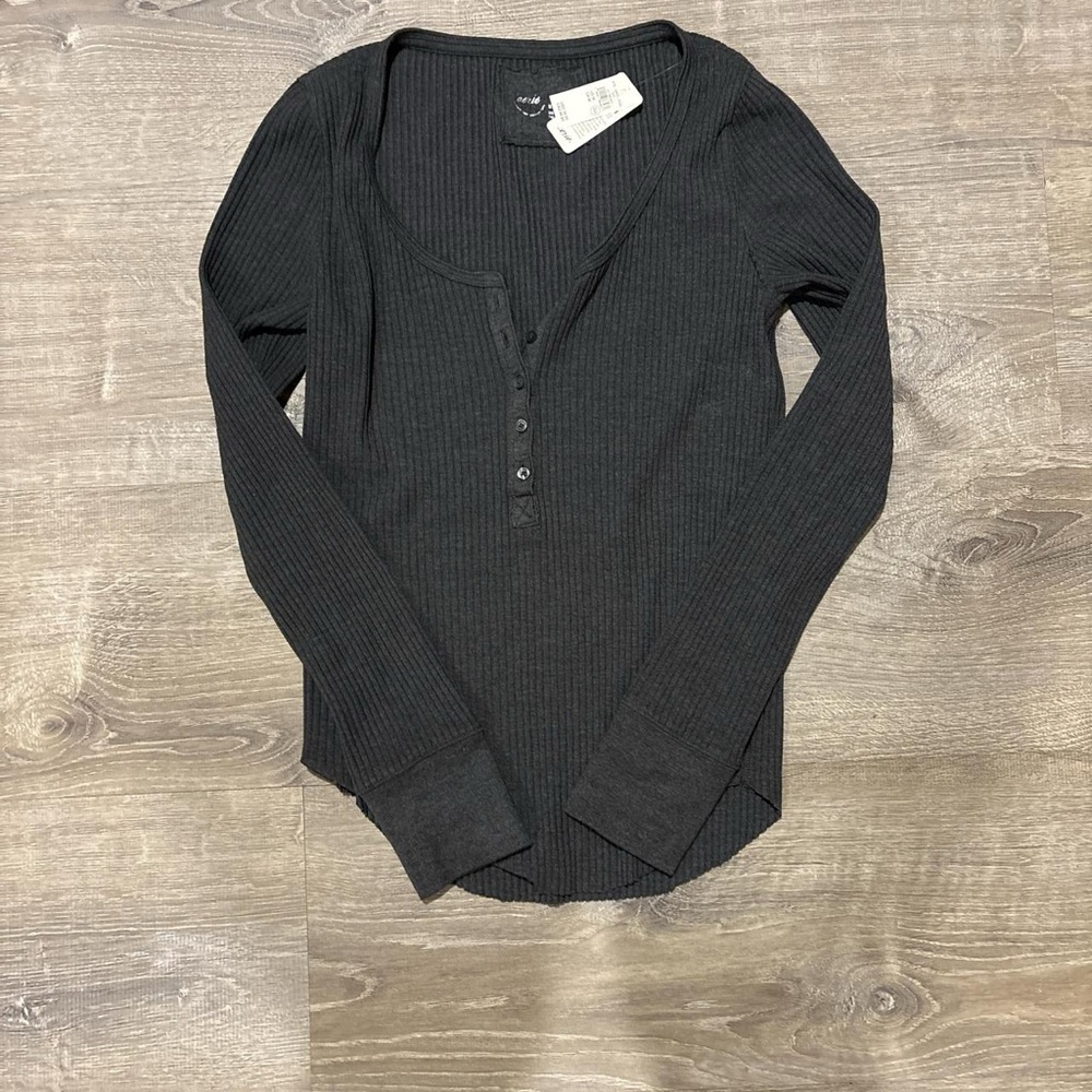 Aerie Charcoal Ribbed Long Sleeve Top